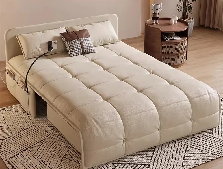 Cream Wind Smart Sofa Bed Foldable Multifunctional Dual-Use Single Double Small Apartment Leather Sofa