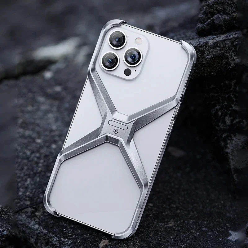 

Aluminum Alloy Rimless X Type Phone Case For iPhone 15 14 Pro Max Metal Heat Dissipation Removable Cover iPhone15 Pro Max Armor