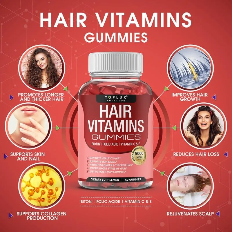 Toplux Hair Vitamins Gummies - Improves Thinning Hair, Damaged Hair, Broken Hair, Dry and Split Ends, and Promotes Hair Growth