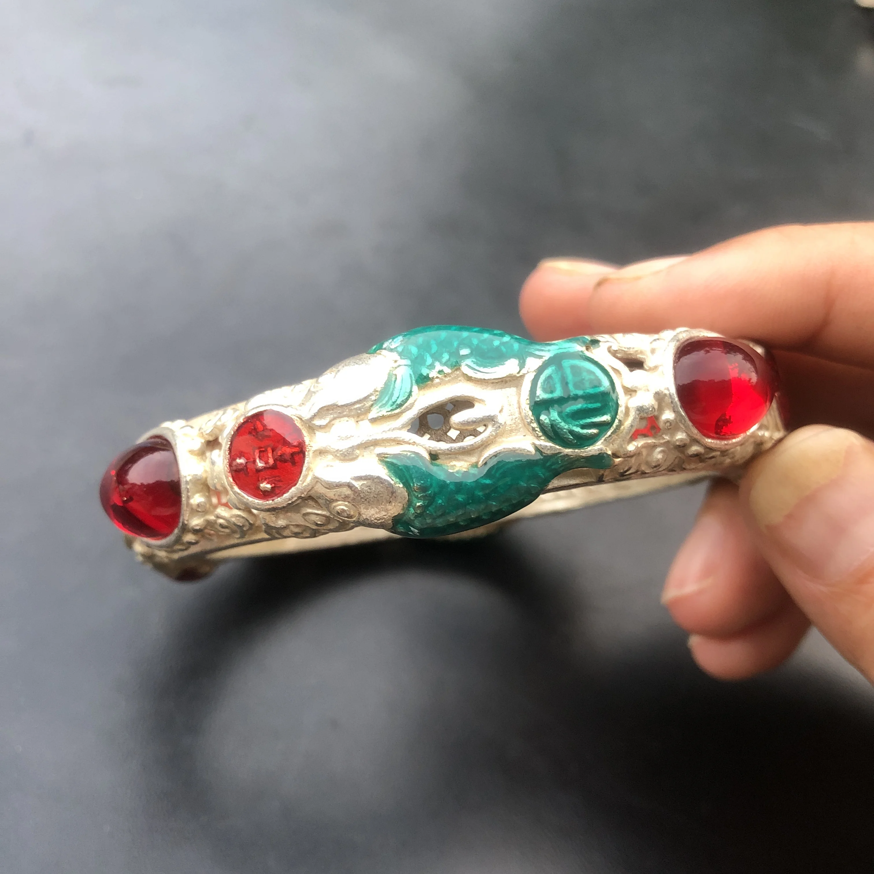 Vintage Tibetan Silver Hollow Bangle Enamel Double Fish Inlaid Red Gemstone Fu Character Openwork Cloud Pattern Retro Chinese Et