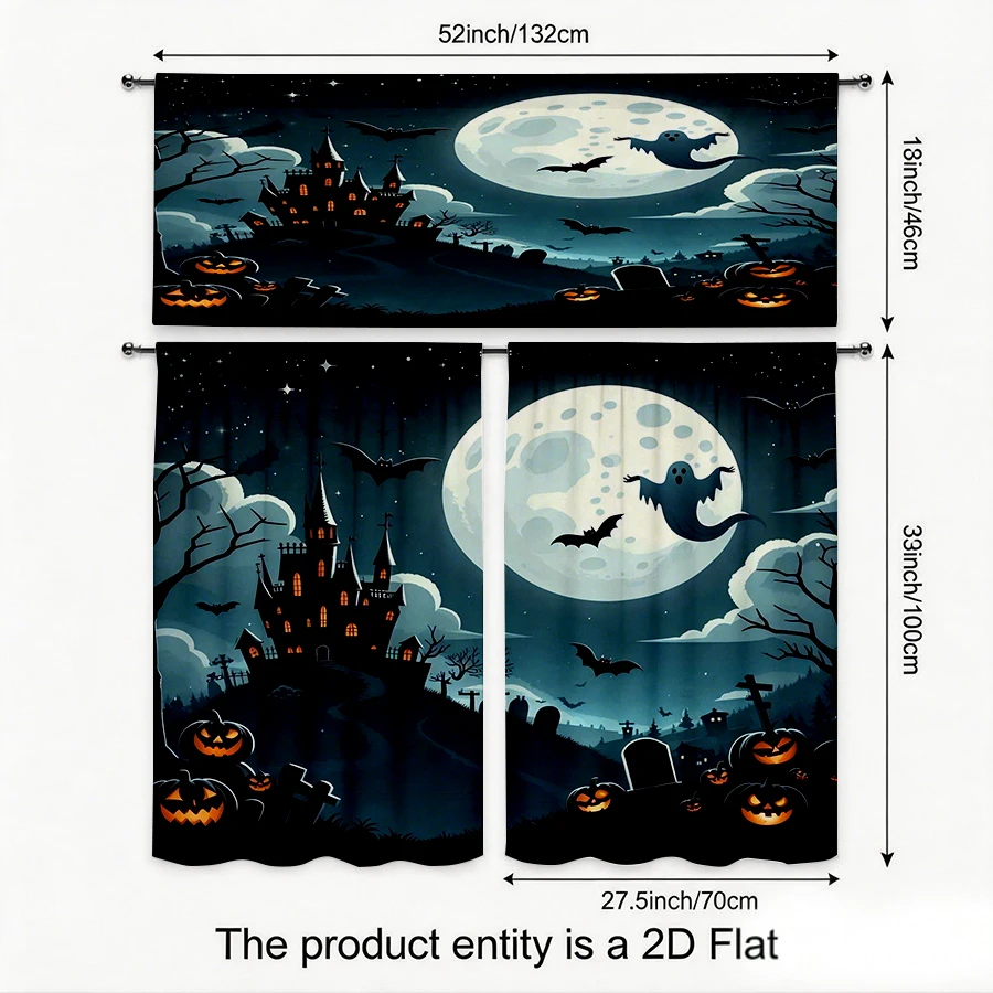 Halloween Fall Kitchen Curtains, Haunted Castle Moon Ghost, Digital Print, Kitchen Dining Room, Rod Pocket Polyester, Home Decor