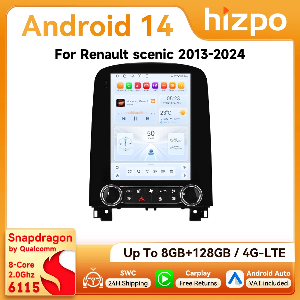 9,7-Zoll Hizpo CarPlay Android Autoradio für Renault Scenic 2013 - 2024 Tesla-Stil Bildschirm RDS DSP GPS 4G BT 360 ° CAM Snapdragon 6115