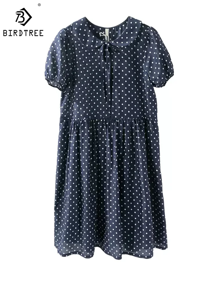 

BirdTree 30% Real Silk OL Dress For Women, Peter Pan Collar Puff Sleeve Polka Dots, Elegant Commute Dress, 2024 Summer D43721QM