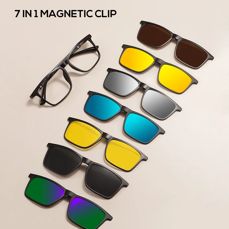 Men and Women Square Full Rim Glasses Frame Polarized Clip on Sunglasses With Colorful Clip Ons For Prescription Lenses