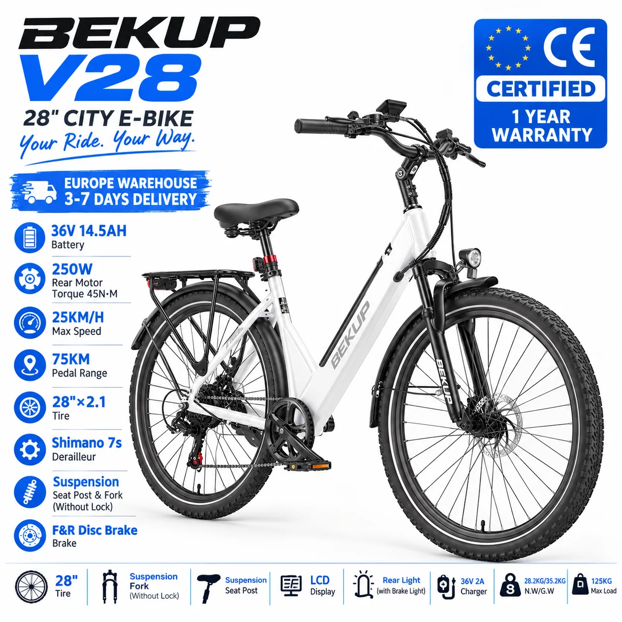 BEKUP V28 28 Zoll City E-Bike, 250W Heckmotor, 36V 14,5Ah Akku, 7 Gänge, Federgabel & Sattelstütze, Scheibenbremsen vorne und hinten, 75KM Reichweite
