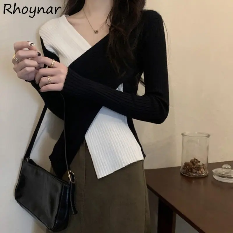 

Pullovers Women V-neck Panelled Soft Ulzzang Autumn Office Lady Temperament Leisure Slim Knitwear Harajuku Gentle Designed Daily