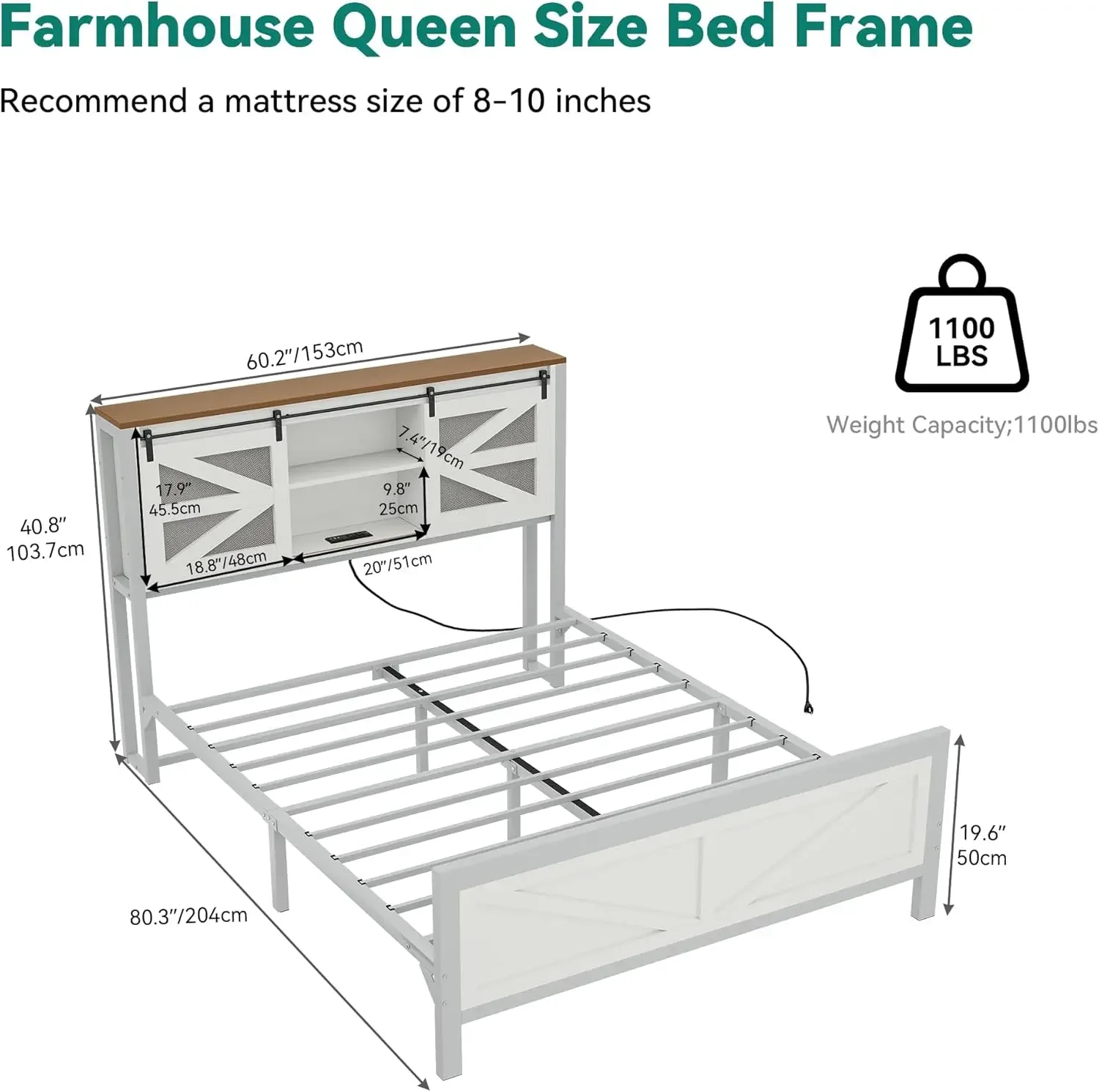 YITAHOME Queen Bed Frame, Farmhouse Style, Headboard, Bookcase Shelves, Barn Door, Charging Station, Rustic Wood, No Box Spring