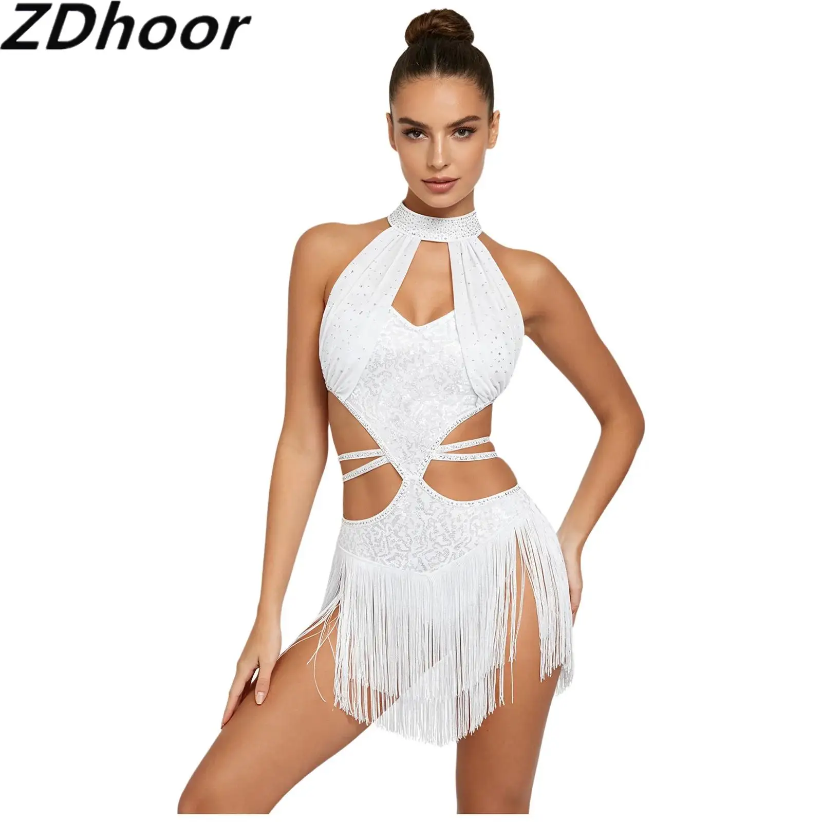 

Women Latin Dance Tassel Dress Shiny Keyhole Front Cutout Back Sleeveless Fringe Dress for Performance Competition