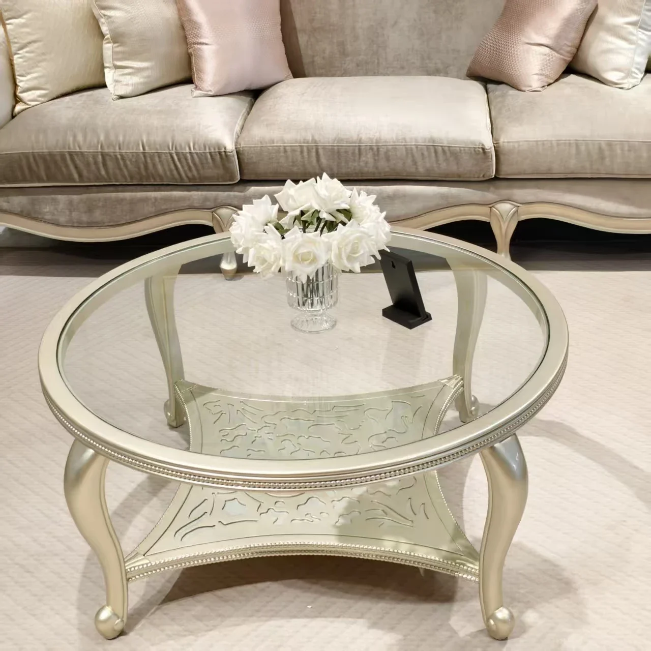 01 yj19 طاولة قهوة أمريكية فاخرة خفيفة لغرفة المعيشة الراقية طاولة قهوة صغيرة من الزجاج الفرنسي #1