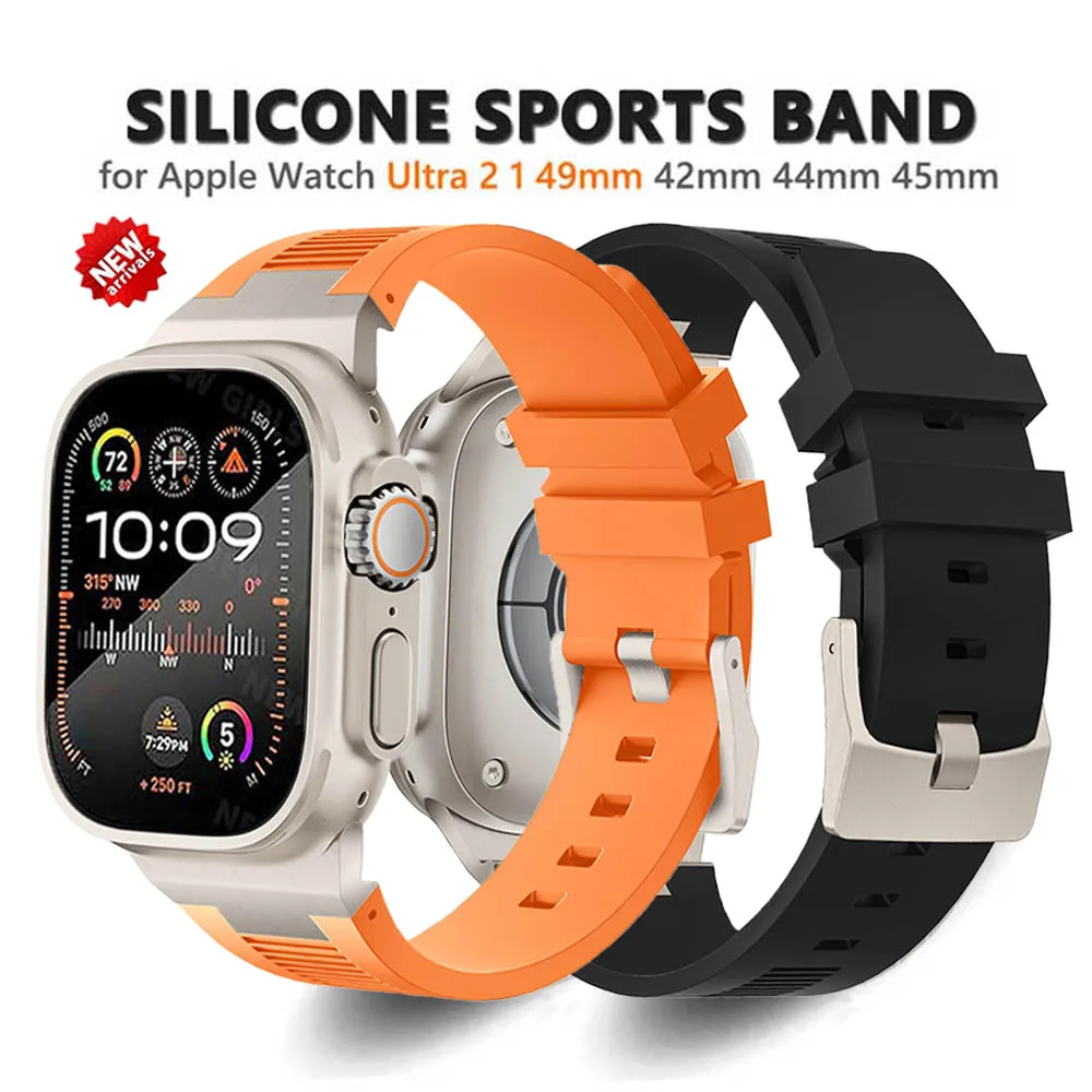 

Ремешок силиконовый для Apple Watch 49 мм 45 мм 44 мм 42 мм, спортивный мужской резиновый браслет для iWatch Series 9 8 7 6 5 se 4, браслет Correa