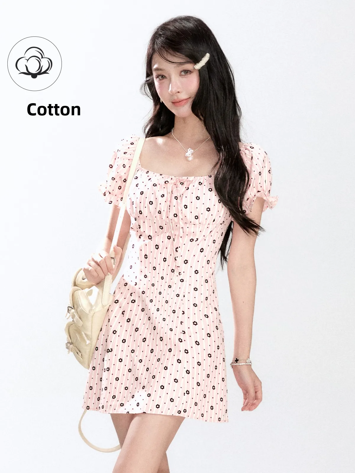 

Новая женская летняя тонкая платье-трапеция 2025 года с коротким рукавом, приталенного кроя, в розово-белую полоску, из бархата, с цветочным узором