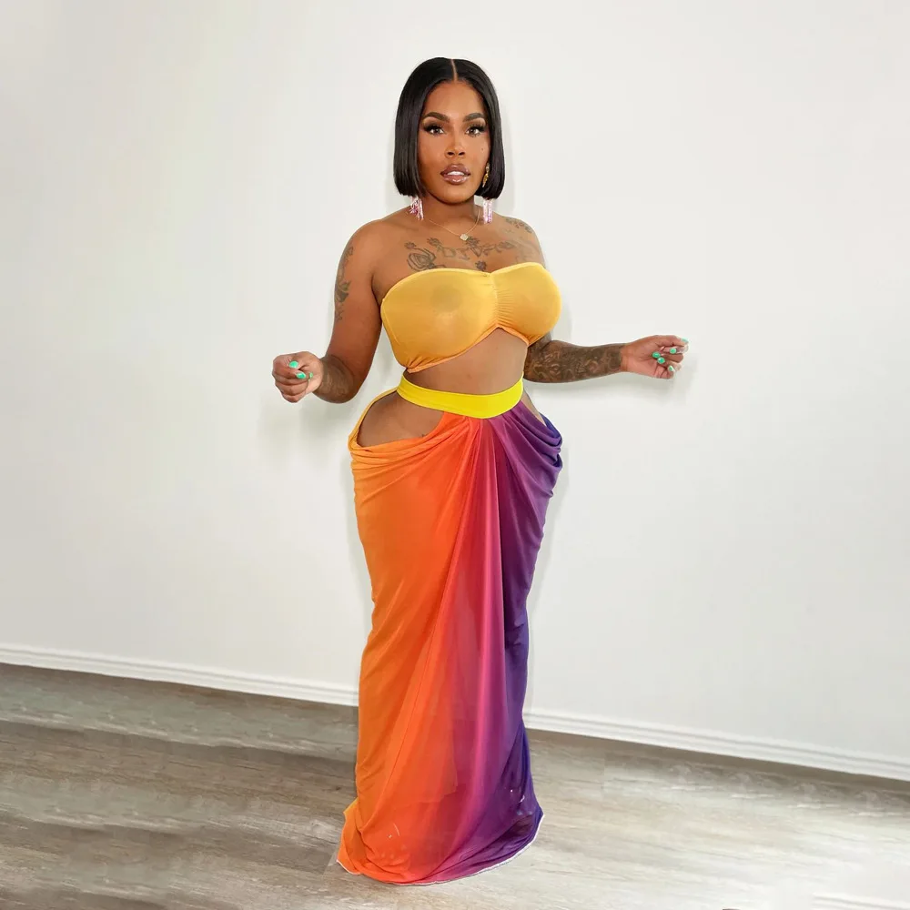 

Summer Women Elegant Suits Printed Sleeveless Backless Crop Tops+Long Skirts Vacation Casual 2pcs Set