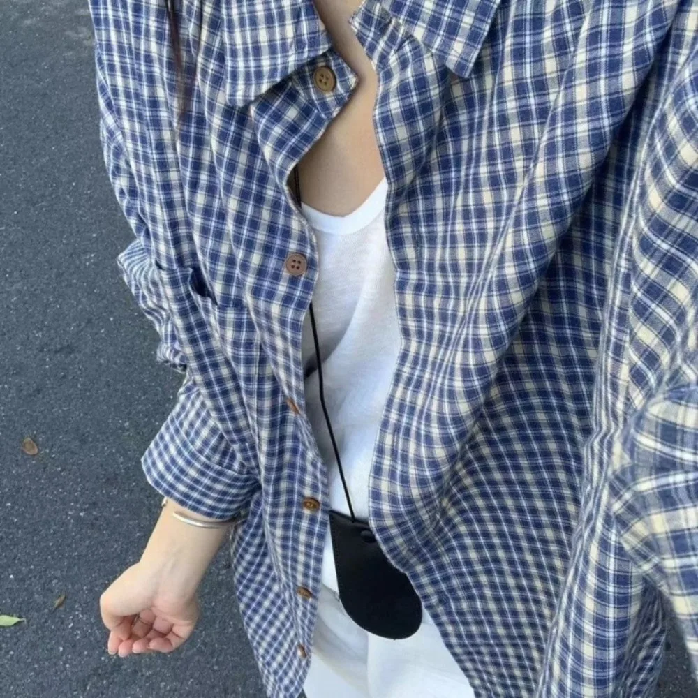 

Blue Plaid Long Sve Irt Jaet Women's Loose Lightweight Summer Sun Protection Top Korean Sle Commute Faion Womens Tops