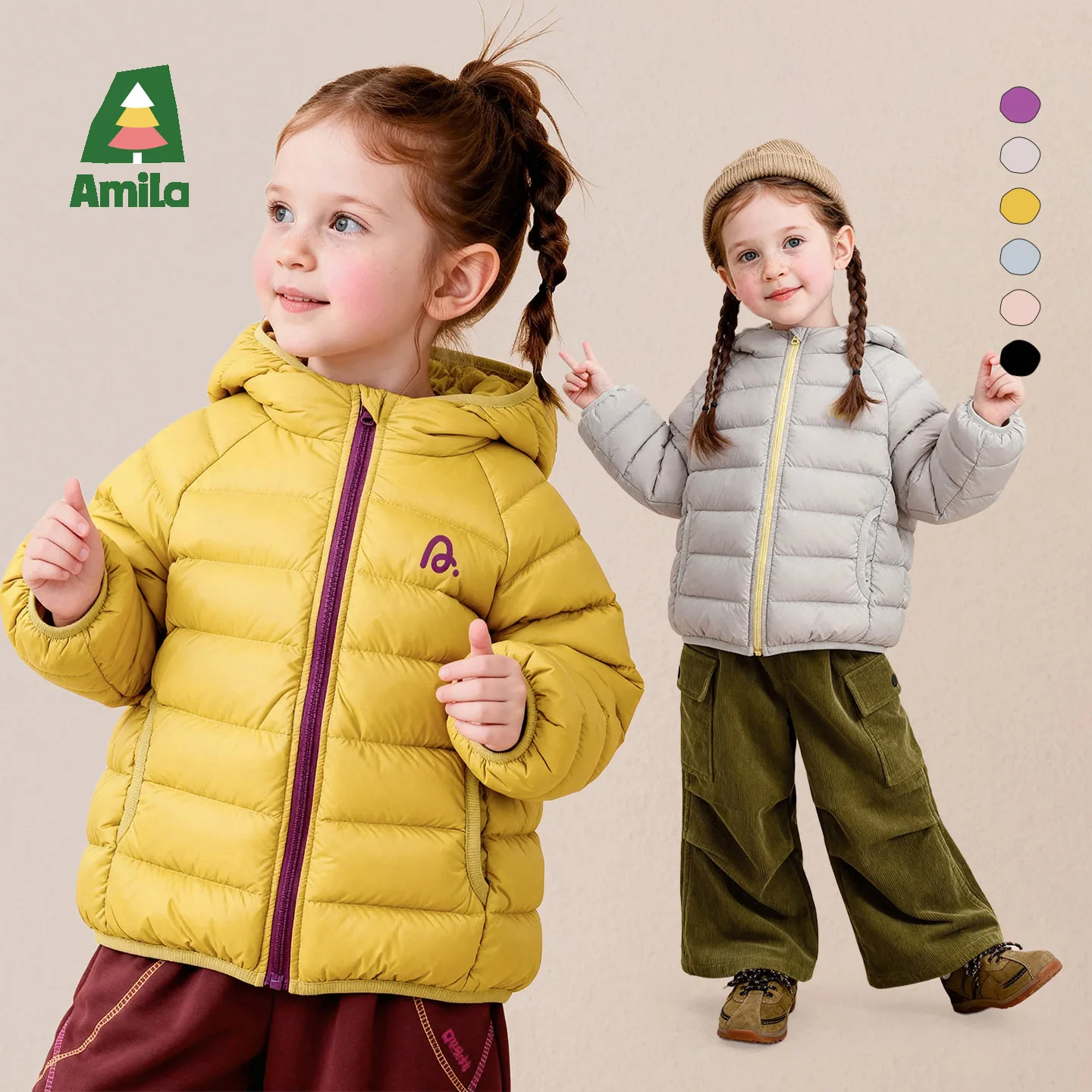 Amila 2026 Winter New Kids Short Puffer Jacket Hooded Color Block Thermal Lock Down Extra Warm Soft Cozy Daily Versatile Top