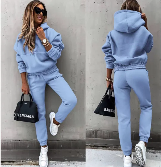Winter-Trainingsanzug für Damen, zweiteiliges Set – übergroßer Kapuzen-Jogginghose, einfarbiger Sportanzug | Lässiges Sweatshirt-Hosen-Set – Detail 4