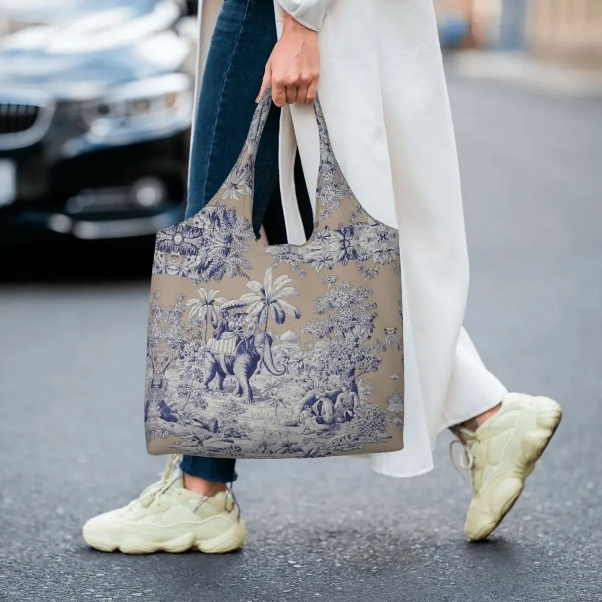 Navy Blue Toile De Jouy French Motif Pattern Groceries Shopping Tote Bags Women Canvas Shoulder Shopper Bag Capacity Handbags