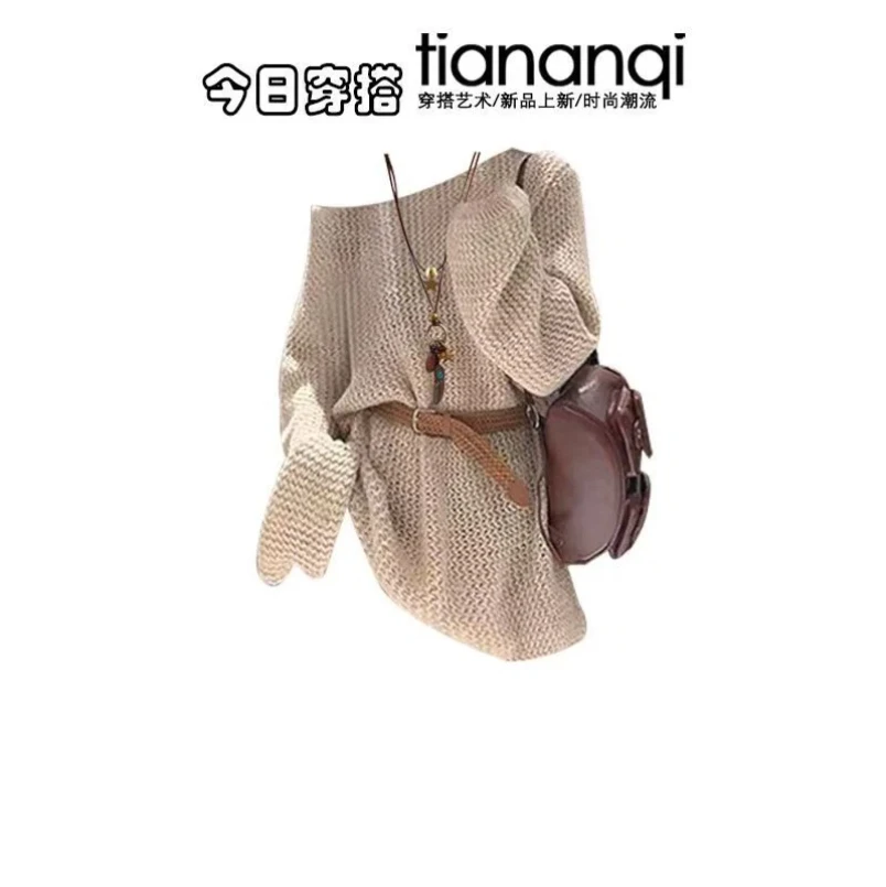 Temperament Set for Women Autumn/Winter Retro Off Shoulder Knitted Sweater Irregular Half Skirt Two Piece Set