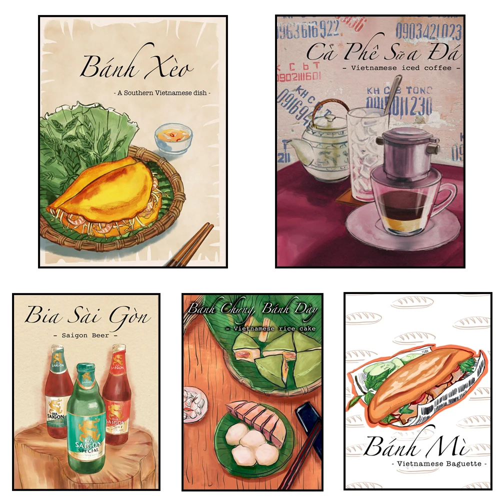 Vietnamese food steamed rice rolls, sticky rice cakes, beef noodle soup, Saigon beer, pancakes, food poster for coffee lovers