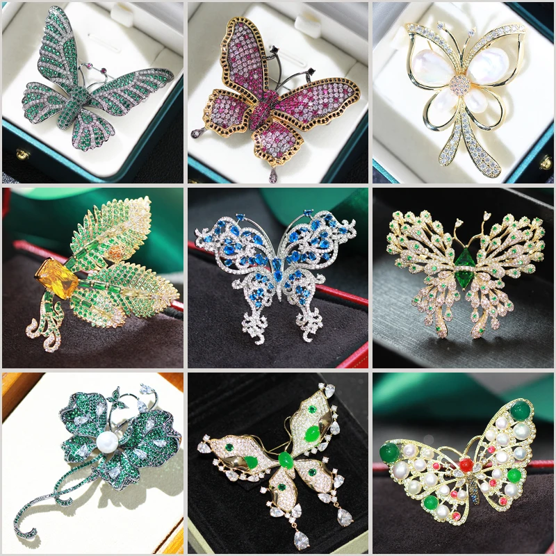 

New Elegant Natural Shell Pearl Butterfly Brooches Luxury Gold-plated Zircon Temperament Insect Pins Female Clothing Accessories
