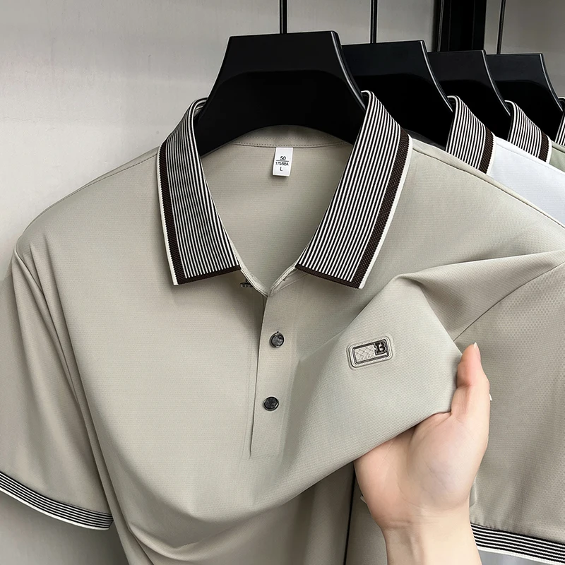 High end brand embossed men polo shirt short sleeve summer ice silk breathable casual fashion personality striped lapel T-shirt