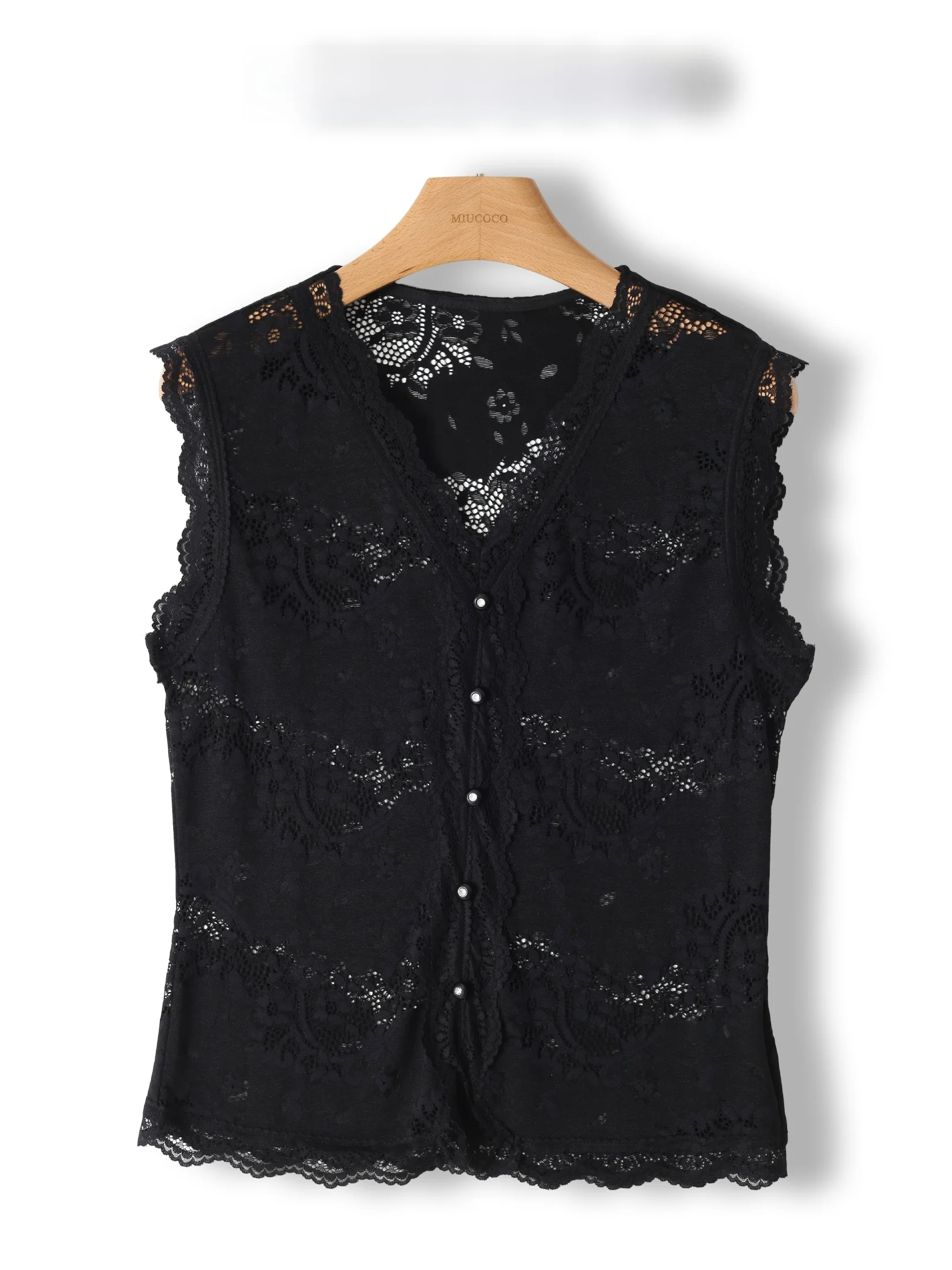 

Recommended Black Hepburn Lace Vest Women's Outerwear Fashionable Lightweight Sleeveless V-neck Lace Trim Button Detail