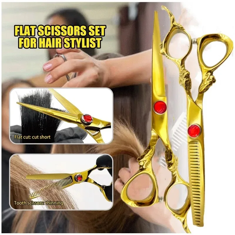 6 Inch Professional Barber Scissors Kit With Golden Dragon Handle Hairdressing Scissors Titanium Plated Thinning Scissors