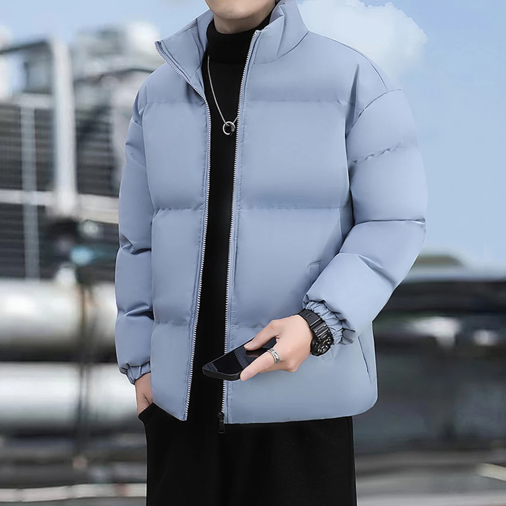 Plus Size Men's Thick Warm Casual Parka Jacket with Stand Collar Solid Color Long Sleeve Outerwear Coat for Fall Season