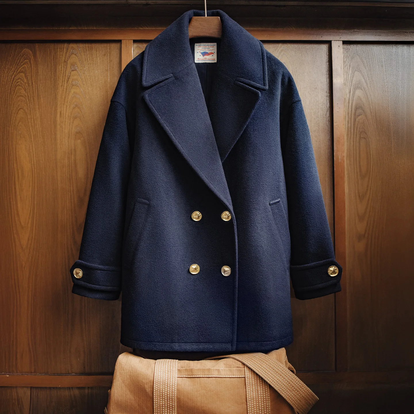 Women's Navy Double-Breasted Mid-Length Wool Coat