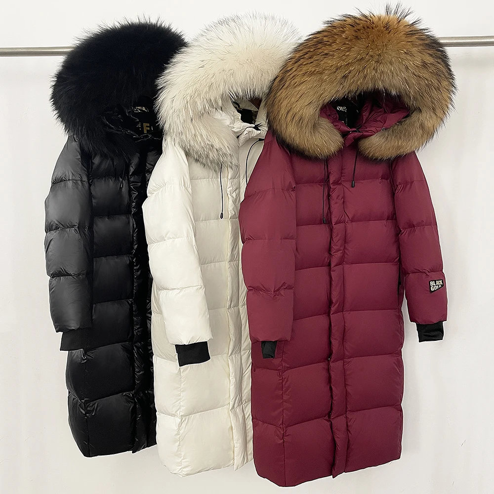 

White Duck Down Jacket Winter Women Long Puffer Jacket Big Raccoon Fur Collar Thick Warm Hooded Fur Coat Parka Female Waterproof