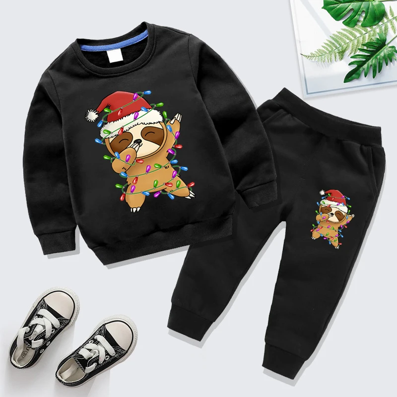 Lazy Sloth Dabbing Print Autumn Winter Kids Clothing Sets Cartoon Christmas Sweatshirts+Pants 2pcs Suit Boys Girls Tracksuits