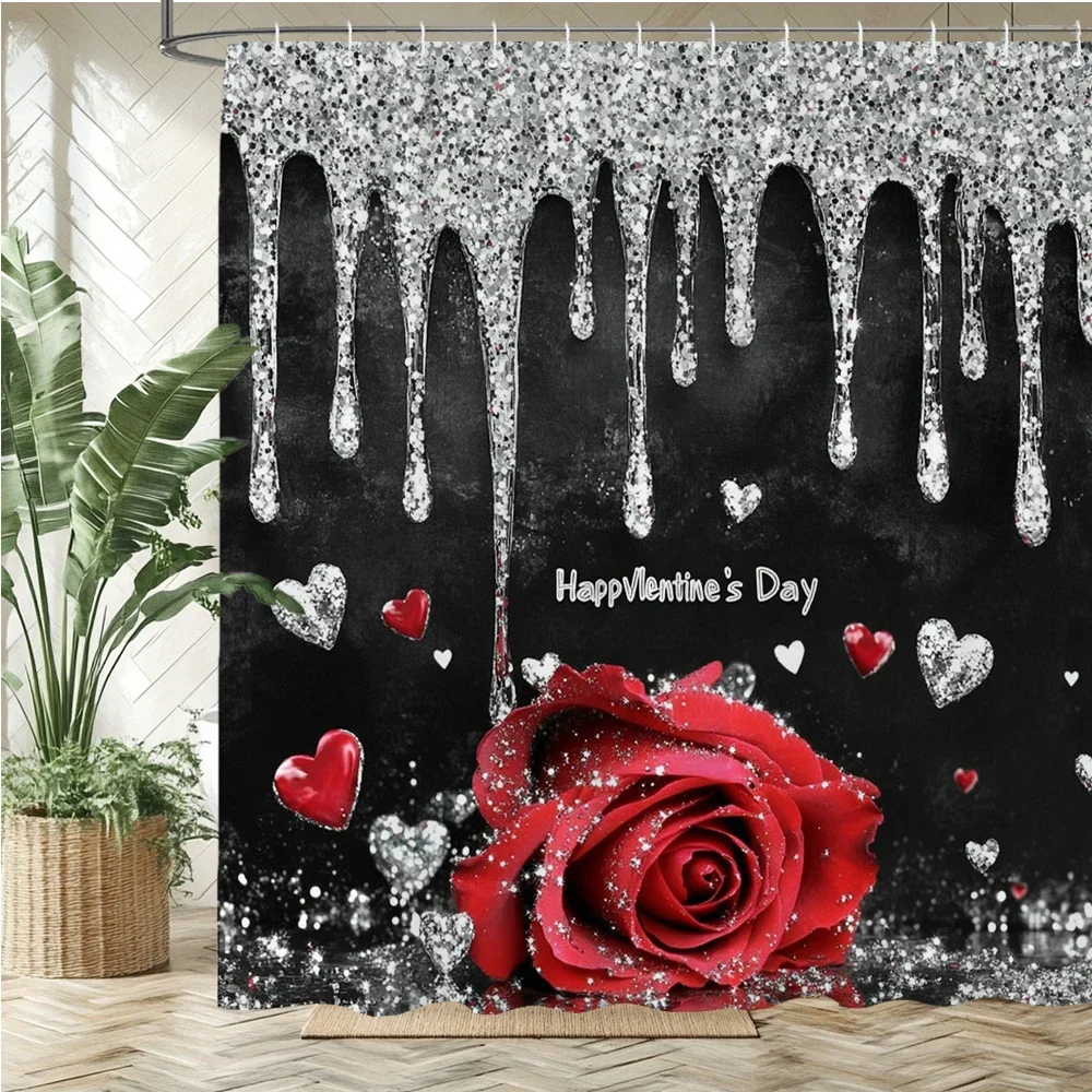 Valentine Rose Glitter Drip Shower Curtain Red Purple Pink Rose Heart Sparkling Glitter Black Background Romantic Print Waterpro