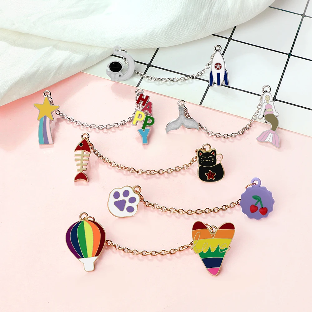 Various Custom Enamel Pins Creative Cartoon Brooch with Chain Unique Decorative Clothes Bags and Hats Accessories Gifts for Kids