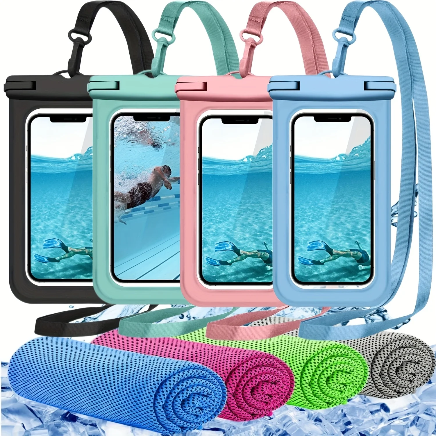 

4 Colors Universal Waterproof Phone Pouch with Cooling Towel Set - Safeguard Your Device from Water, Sweat, and Dust, Enjoy Outd