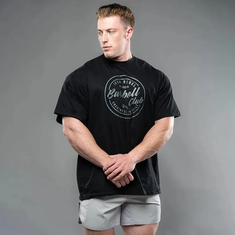 

Gym Fitness T-shirt Summer New Oversized Men's Short Sleeve IR Sports Muscular Men Tee Fitness Joggers 100 Cotton Crew Neck Tops