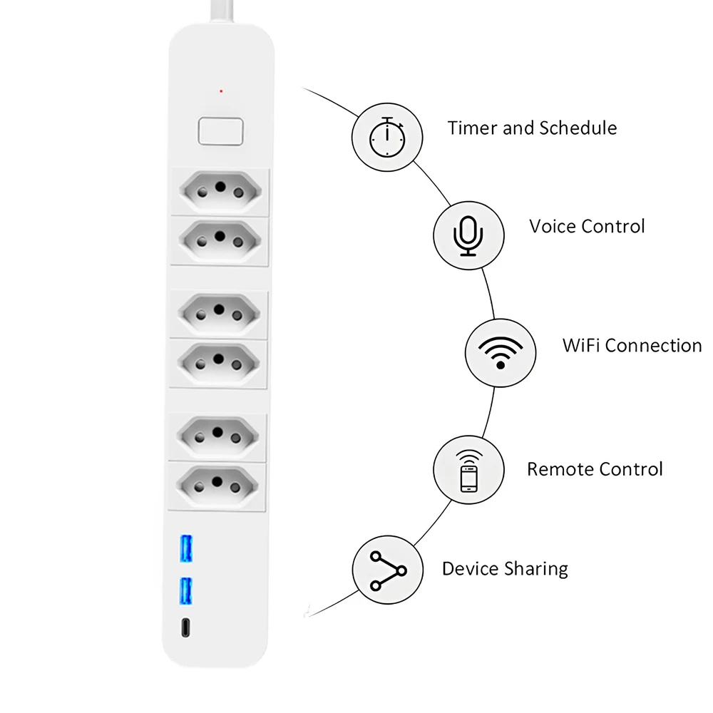 Melery Brazil Wifi Smart Power Strip Type-C USB Charging Board Tuya App Remote Control Works With Google Home Alexa Dot Office