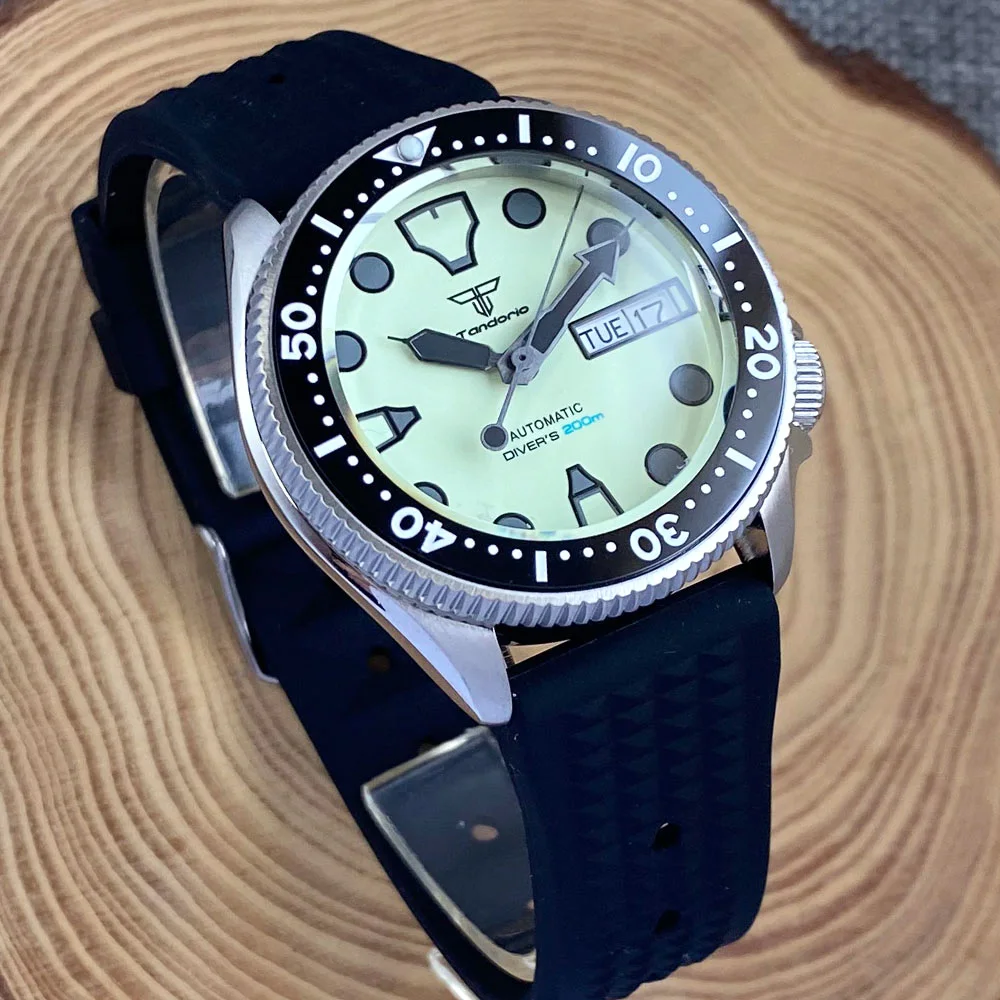 37mm New Tandorio NH35A NH36A Automatic Watch For Men White Dial Green Full Luminous Sapphire Glass 200m Water Resistance