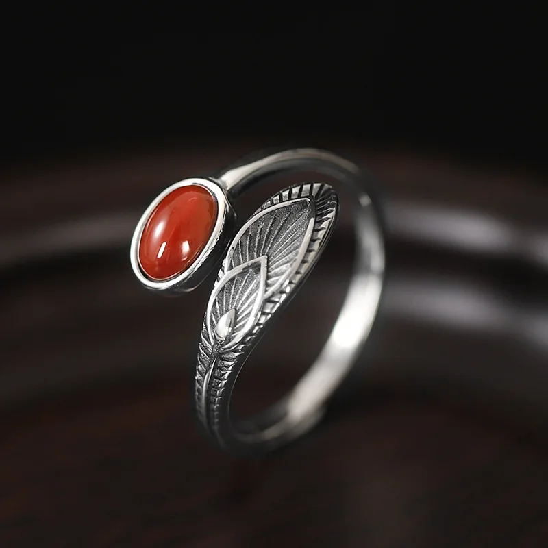 

Кольцо из стерлингового серебра S925 с перьями и кристаллами Amazon Агат Драгоценный камень Южный красный агат Европейские тенденции Благородный банкетный подарок Женщины Дамы