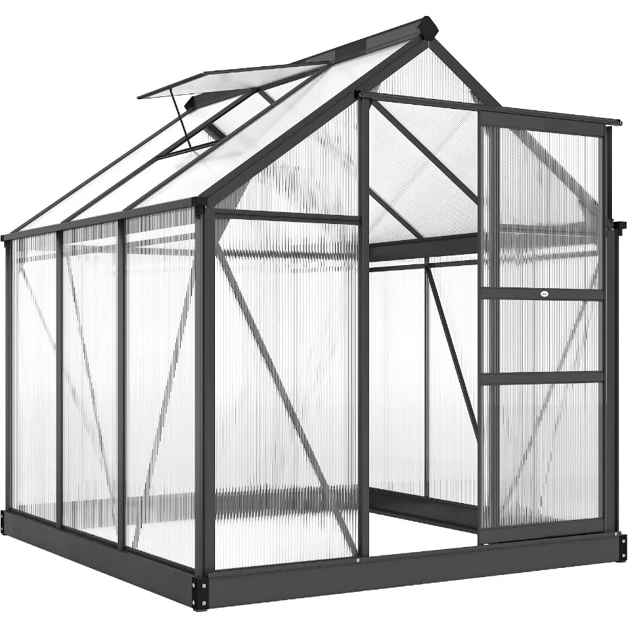 Outdoors polycarbonate greenhouse, green, 6' x 6', with rain gutter and roof vent, aluminum walk-in structure for patio, backya