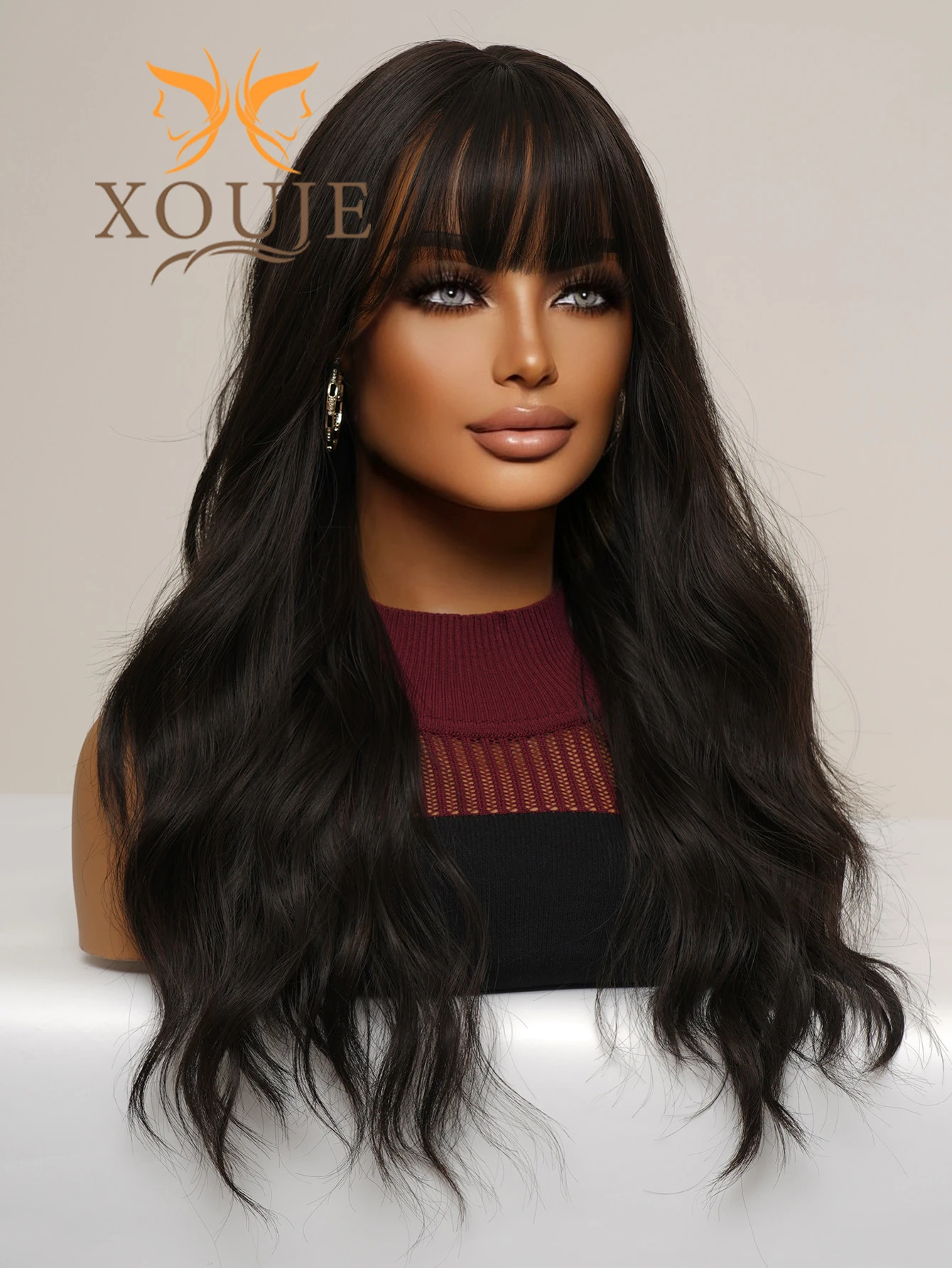 XOUJE Brown Wavy Curly Wigs Hair Beautiful pretty Fashion Ladies Wigs Synthetic Heat Resistant Fiber Wigs for Daily Use