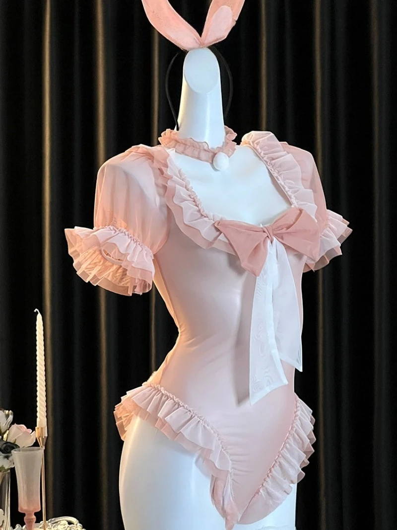 Bunny Girl Lingerie Set with Bow and Lace Trim,Sexy One-piece Pure Desire Outfit for Women,Romantic Cosplay Costume,Playful