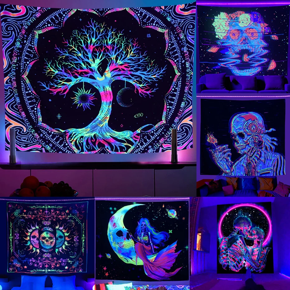 Mandela Fluorescent Tapestry UV Luminous Tree of Life Psychedelic Mushroom Skull  Background Cloth Bedroom Bedside