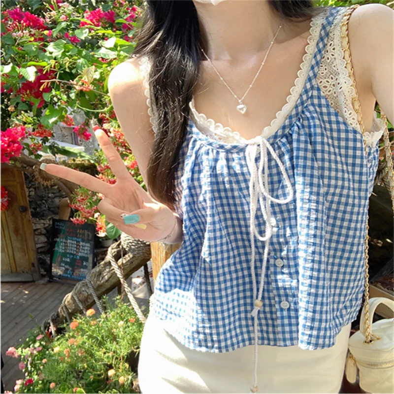 Sweet Camisole Women Vests Blue Checkered Lace Fake Two-piece Camisole Vest For Women's Summer Korean Loose Sleeveless Top