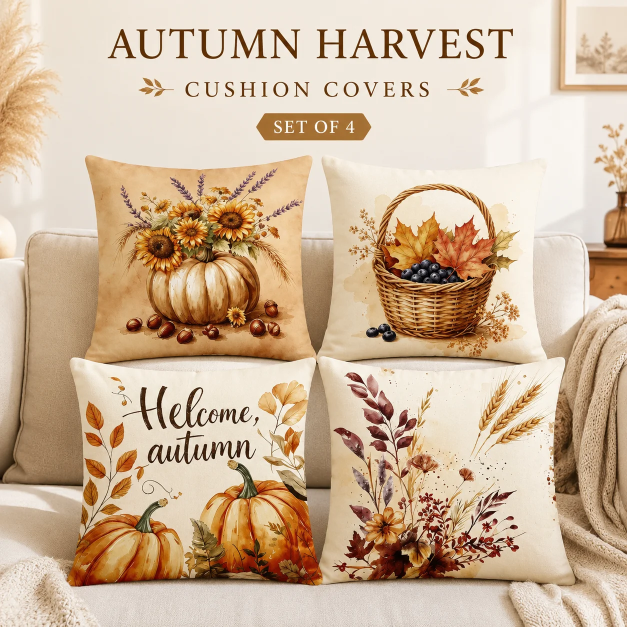 

2D Flat Printed Peach Skin Cushion Covers Set Of 4 Autumn Harvest Pumpkin Coussin Pillow Case For Home Room Decor Fall Style