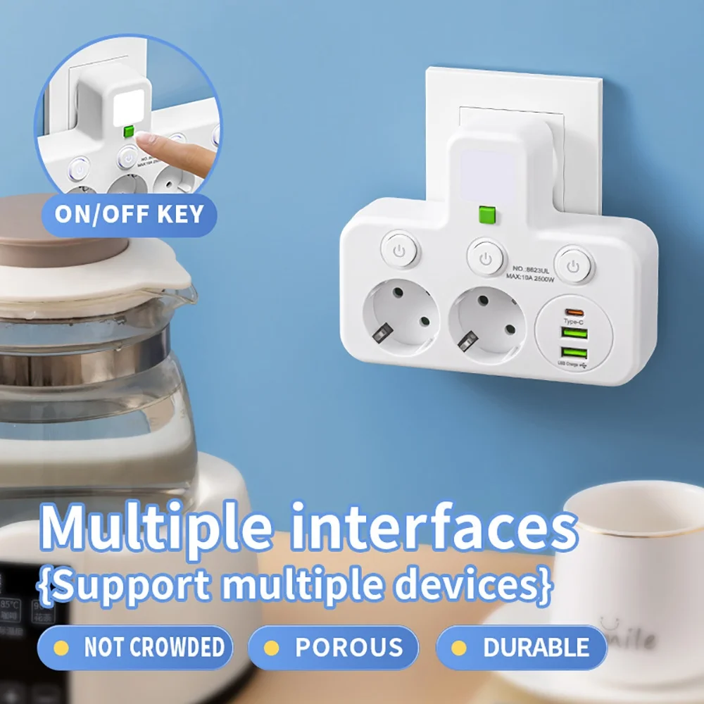 EU Plug Power Strip Multi Socket Adapter with USB-C/USB Ports Night Light Individual Switches 2500W for Home Office