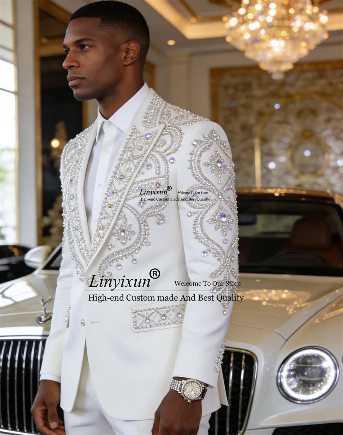 

Luxury Rhinestone Diamond Men Suit 2 Piece Sets Groom Tuxedos Customized Wedding Birthday Male Blazers Slim Fit Ropa hombre