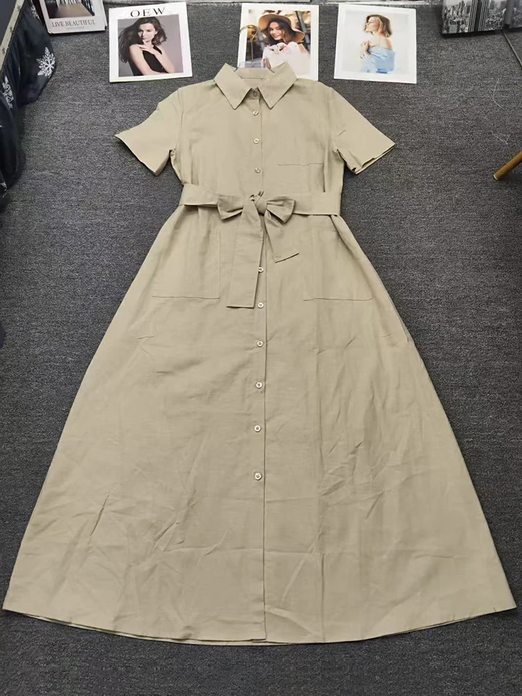 Sommer-2025, Damenbekleidung: Retro-Hemdkleid mit einfarbigem Revers, einreihigem Bindeband und geraffter Taille, modisches gerades Kleid