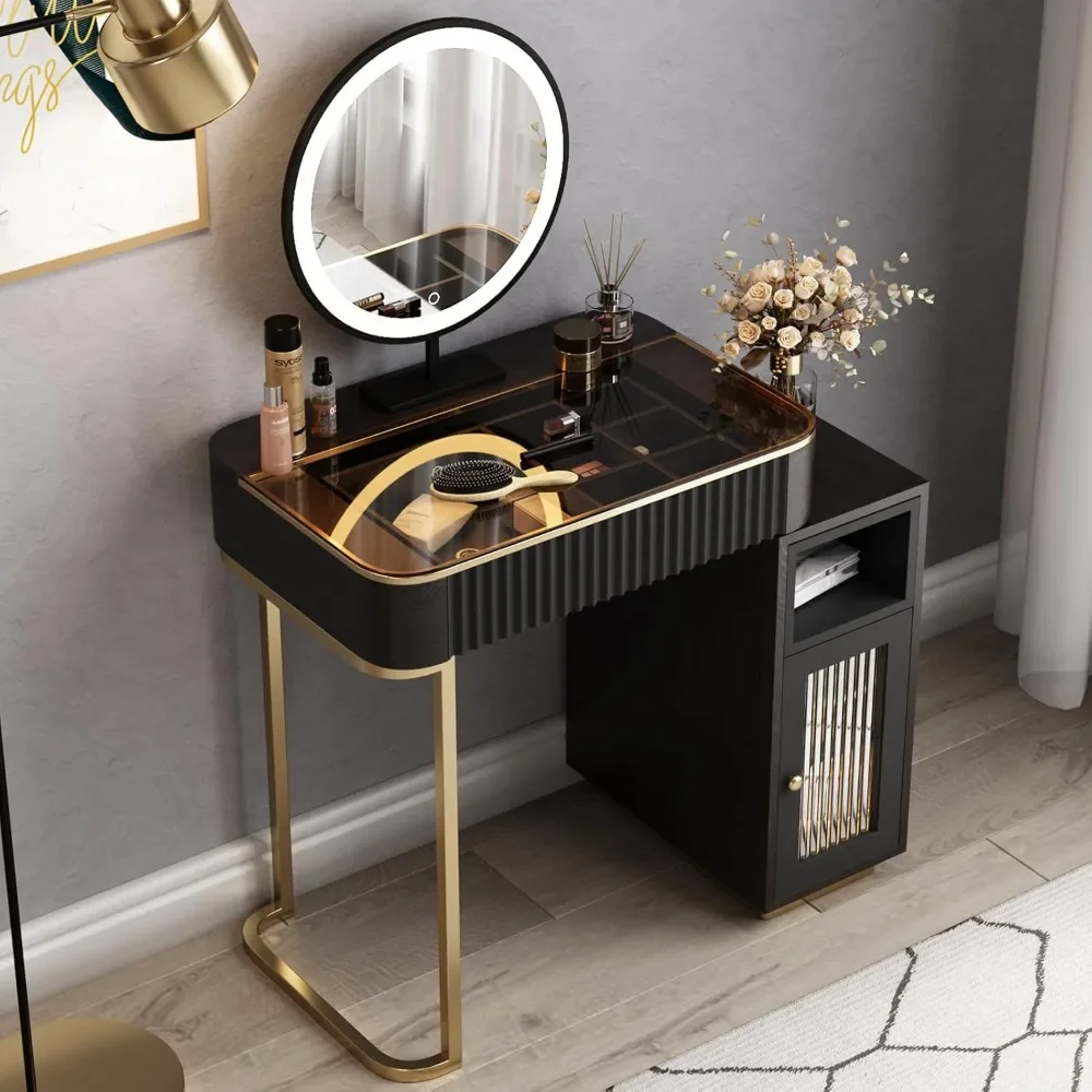 Premium Makeup Vanity Table, Very Easy to Assemble, Dressing Table, Removable LED Vanity Mirror, Visual Tempered Glass Table top