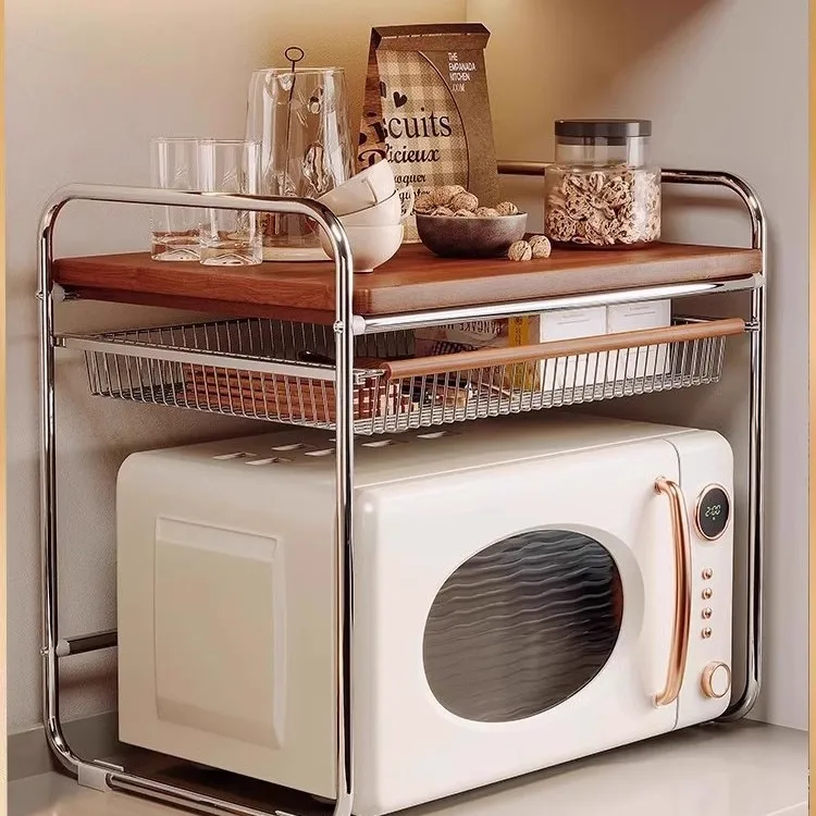 

Medieval style kitchen microwave oven rack countertop oven bracket multi-functional pull-out rice cooker storage rack