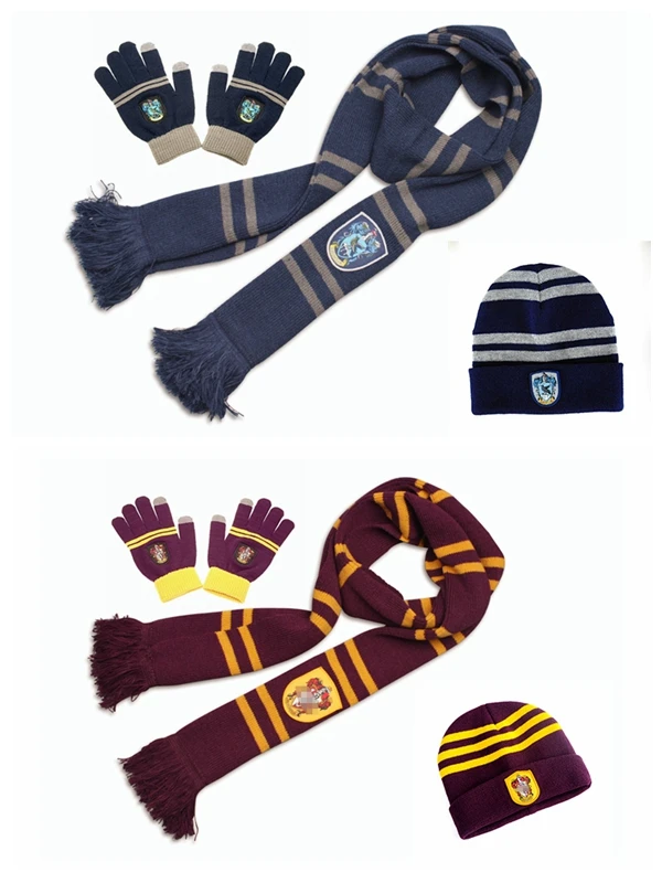 Hogwarts Cosplay Knitted Warm Hat Gloves Three Pieces of Magic Academy Gryffindor Scarf Slytherin Children\'s Adult Gift