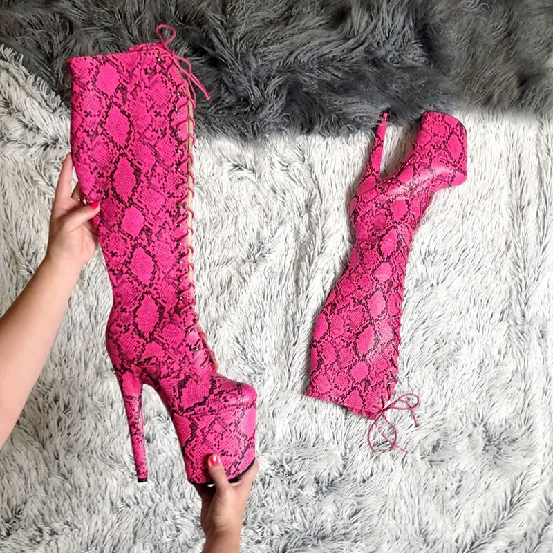 8 Inches Snake Print Sexy Fetish Thigh High Boots Platform 20cm Women Pole Dance Shoes Stripper Heels Exotic Mature Lace Up Mode